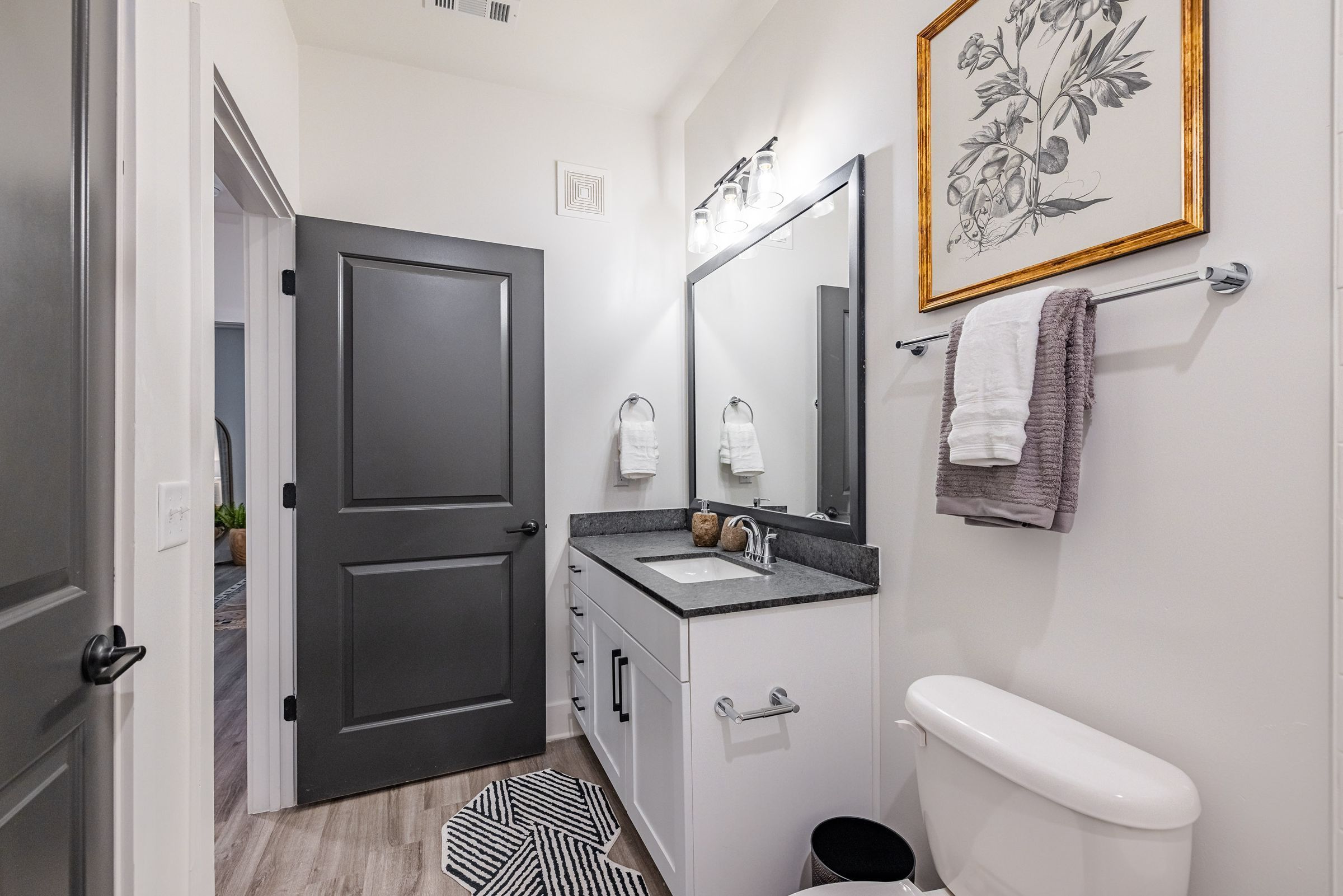 Botanic Luxury Apartments Modern bathroom with gray door, framed mirror, white vanity, decorative rug, and floral artwork above towel rack.